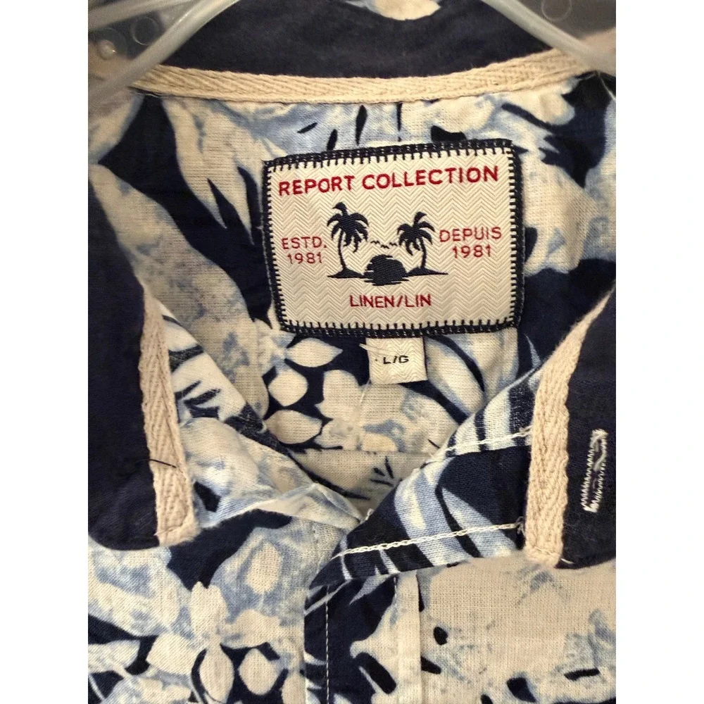 Report Collection Mens Blue Tropical Floral Linen Blend Button Down Shirt L